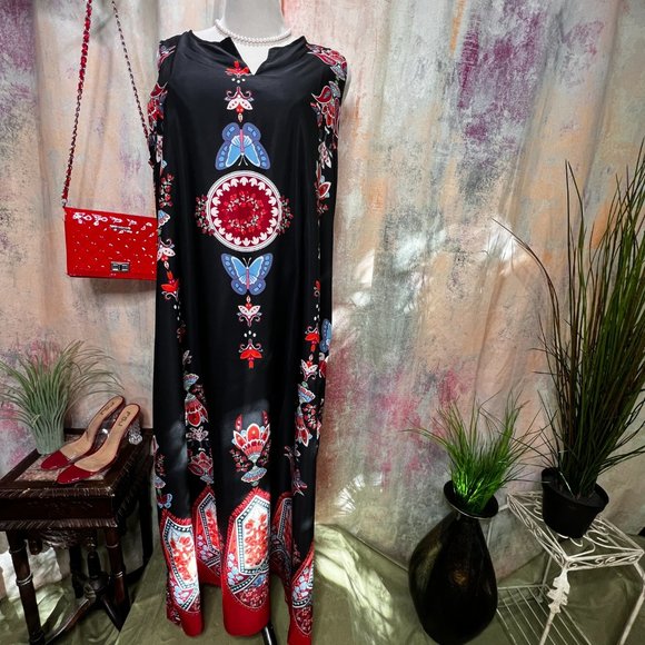 NWOT๐ Retro Design Cotton Mix Maxi A- Line Sleeveless Dress - Picture 2 of 15